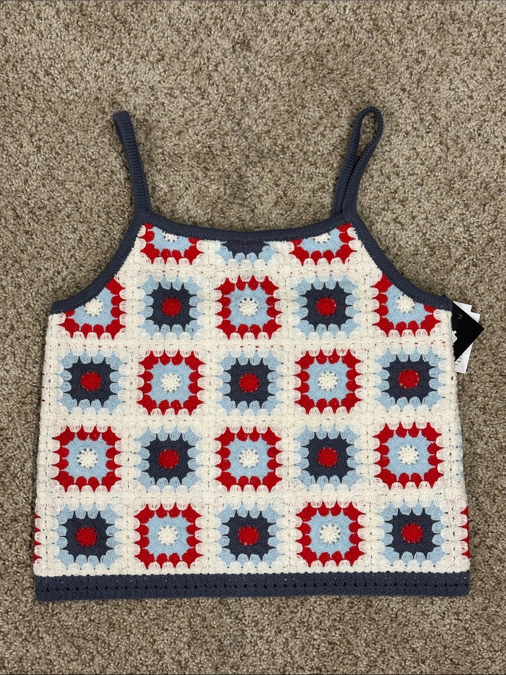 Crochet Tank Top with Red, Blue & Cream Squares - Girl’s XL (14/16) or Women M